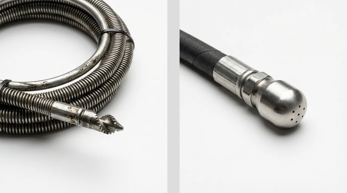 Drain snake cable and hydro jetting nozzle used for drain cleaning in Commerce, GA